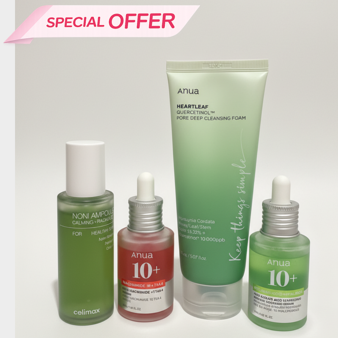 Routine Anti-Imperfections & Apaisante – Celimax Noni Ampoule + Anua Niacinamide 10+ + Anua Heartleaf Cleanser + Anua Azelaic Acid 10+